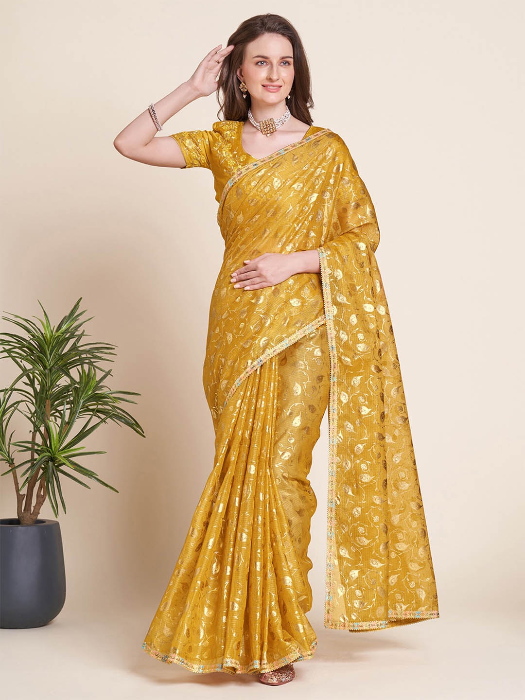 

Saree mall Floral Printed Sequinned Sarees, Yellow