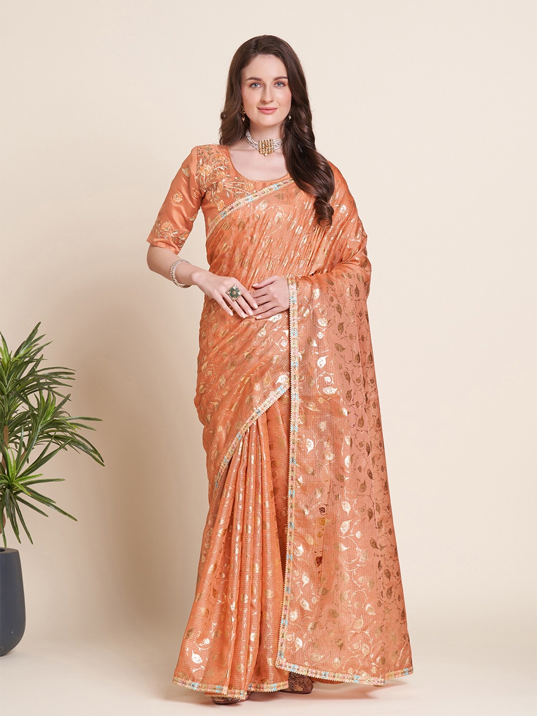 

Saree mall Ethnic Motifs Printed Gotta Patti Sarees, Peach