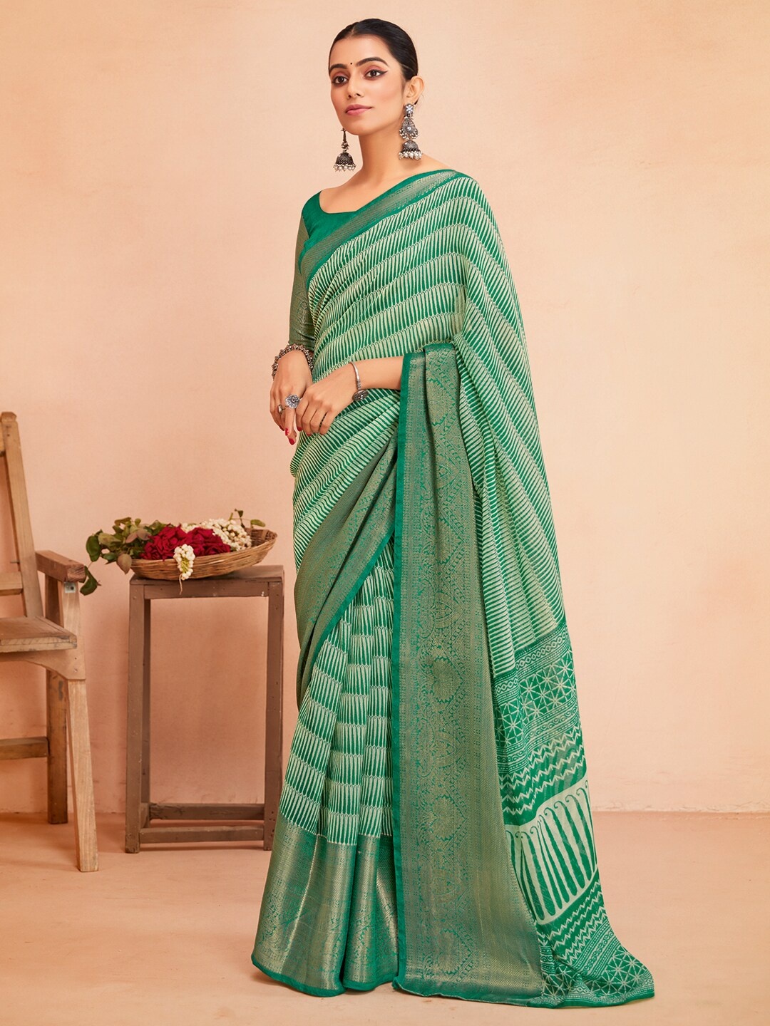 

Saree mall Ethnic Motifs Printed Zari Sungudi Sarees, Sea green
