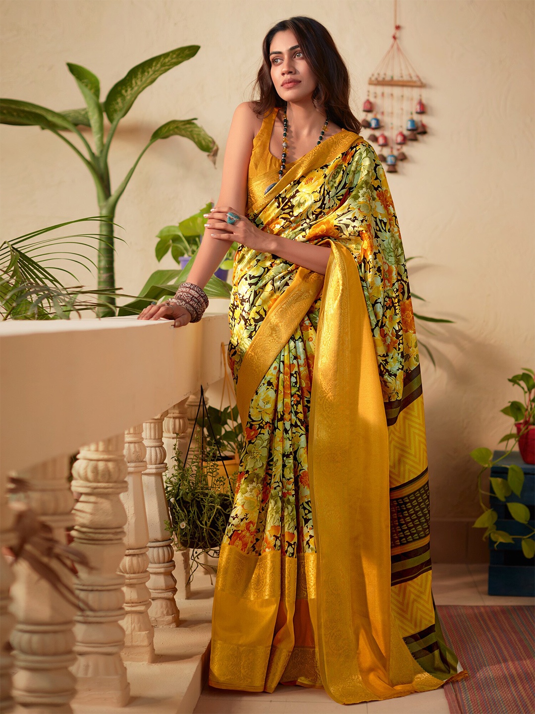 

Saree mall Floral Printed Zari Sungudi Sarees, Yellow