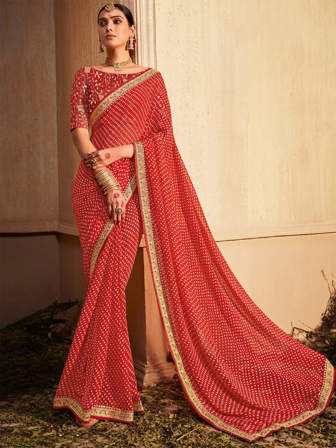 

Saree mall Printed Sequinned Poly Georgette Bandhani Sarees, Red