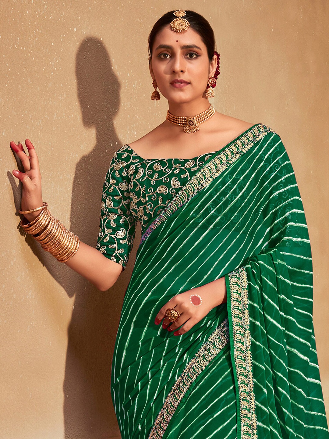 

Saree mall Printed Sequinned Leheriya Sarees, Green