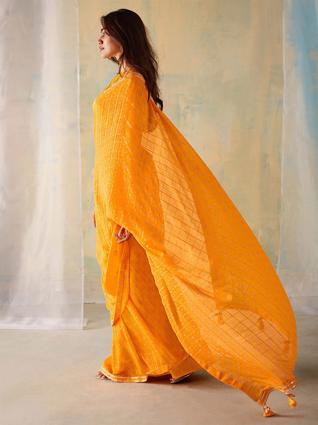 

Saree mall Bandhani Printed Poly Georgette Sarees, Yellow
