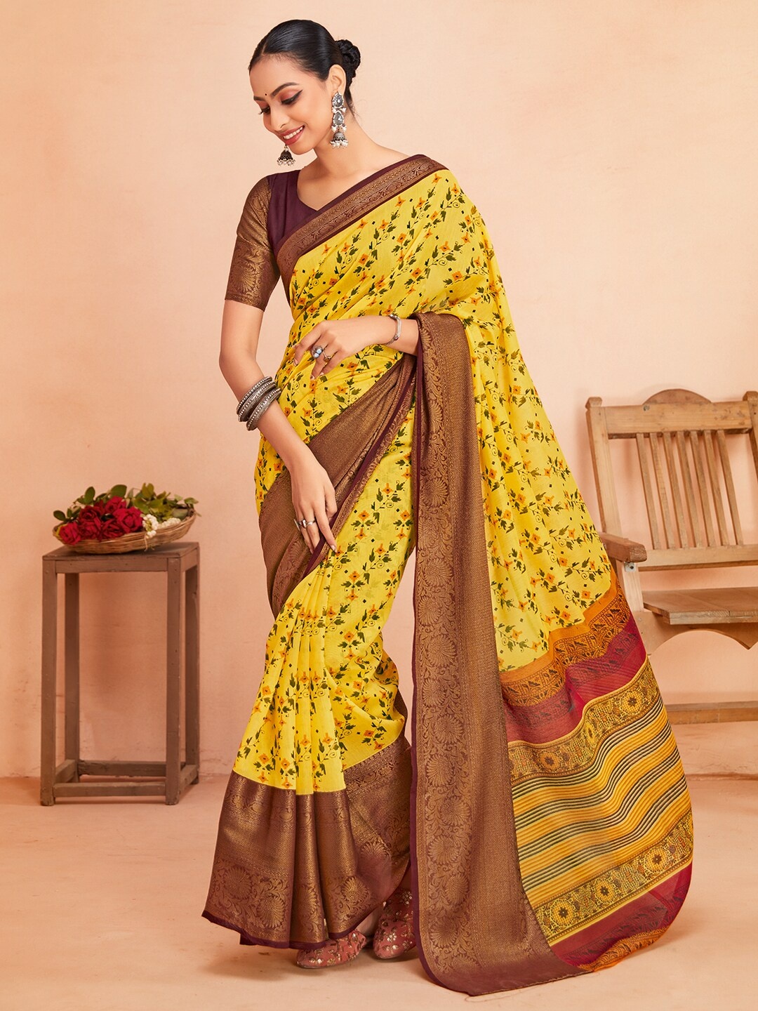 

Saree mall Floral Printed Zari Sungudi Sarees, Yellow