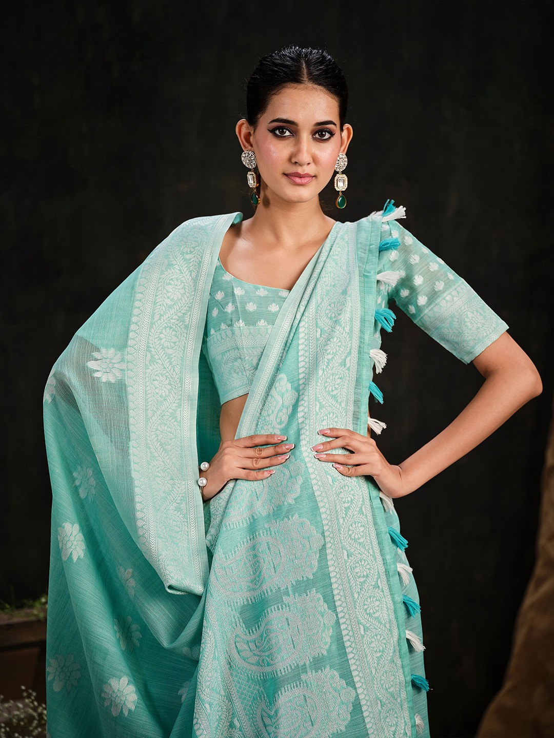 

Sangria Ethnic Motifs Woven Design Saree, Sea green