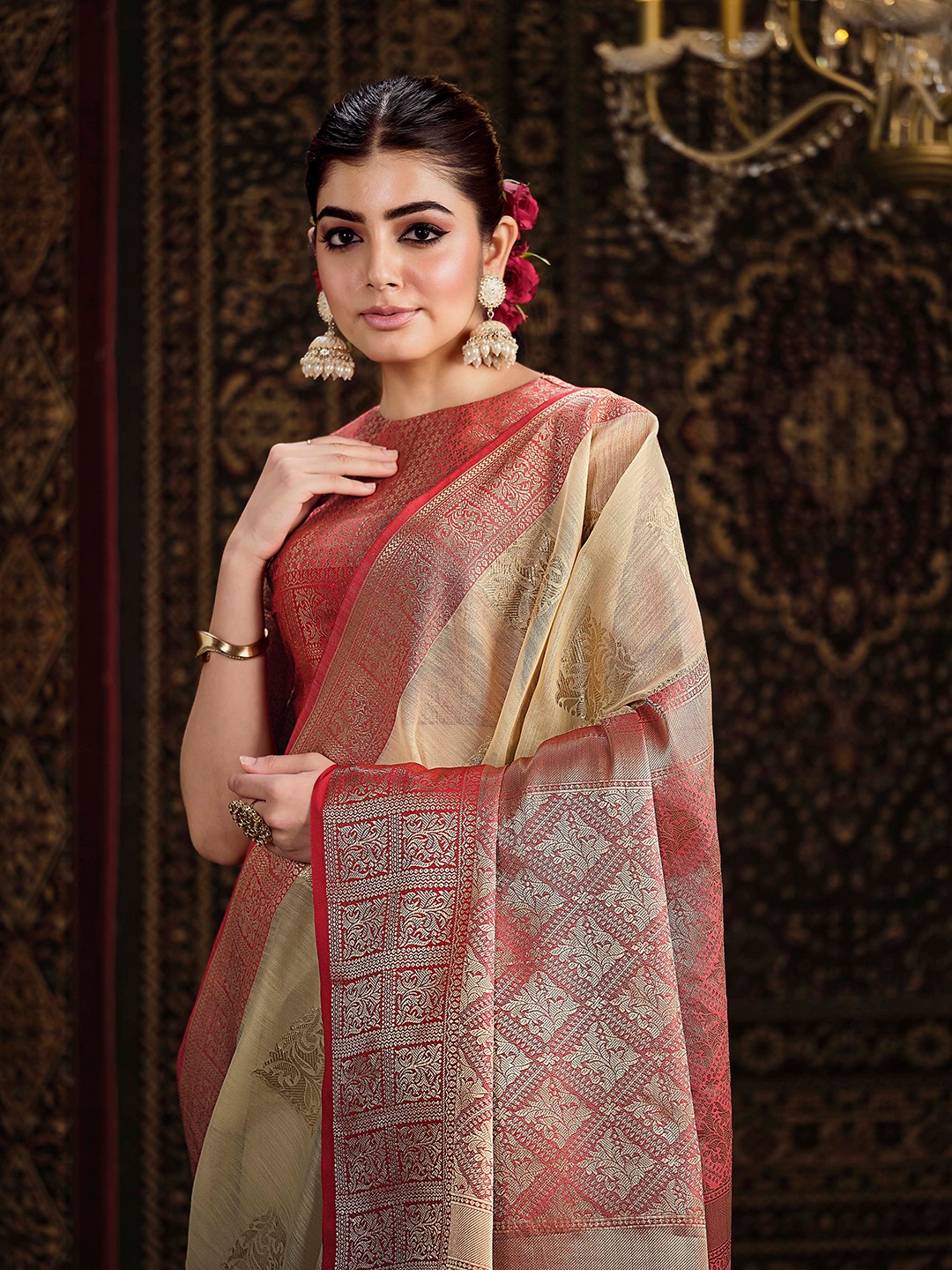 

Sangria Ethnic Motif Woven Design Banarasi Saree, Beige