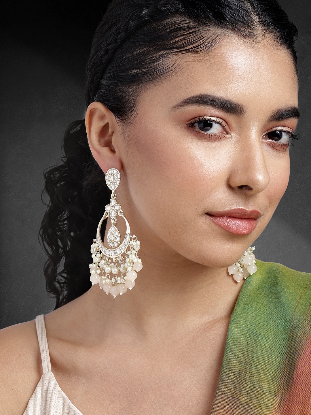 

Peora Gold-Plated Kundan Studded Crescent Shaped Chandbalis Earrings, Peach