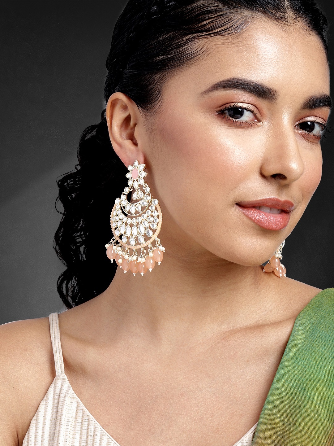 

Peora Gold-Plated Kundan Studded Crescent Shaped Chandbalis Earrings, Peach