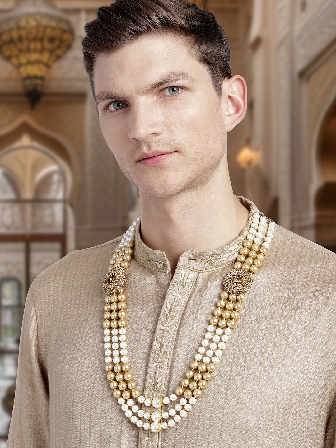 

Peora Men Gold-Plated Beaded Necklace, Champagne