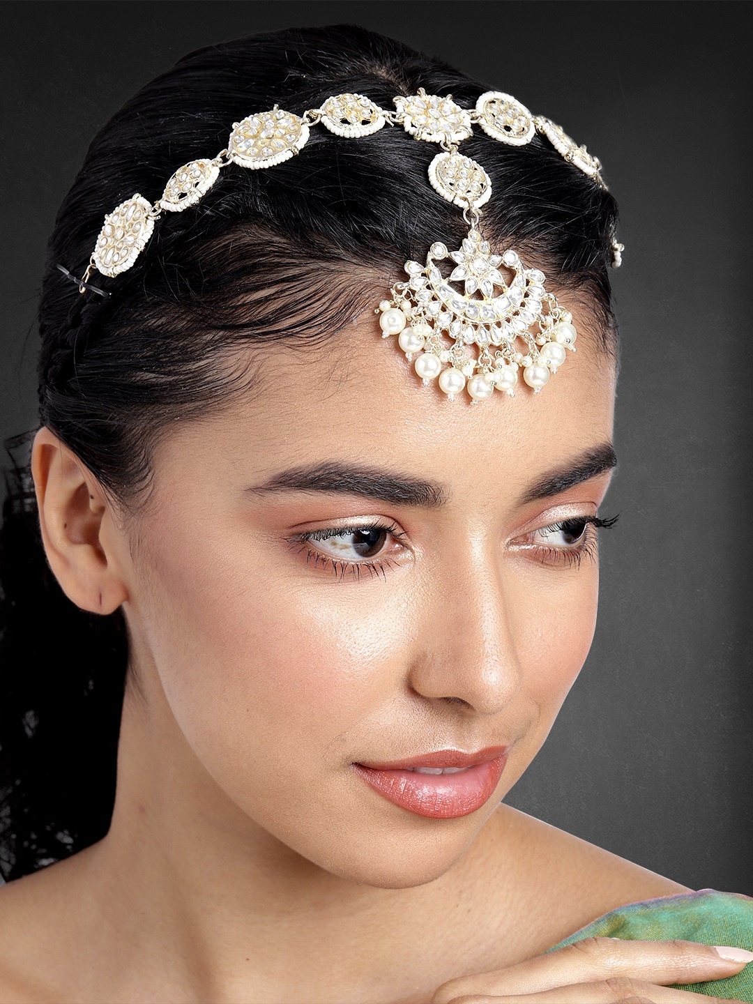 

Peora Women Gold-Plated Kundan Matha Patti, White