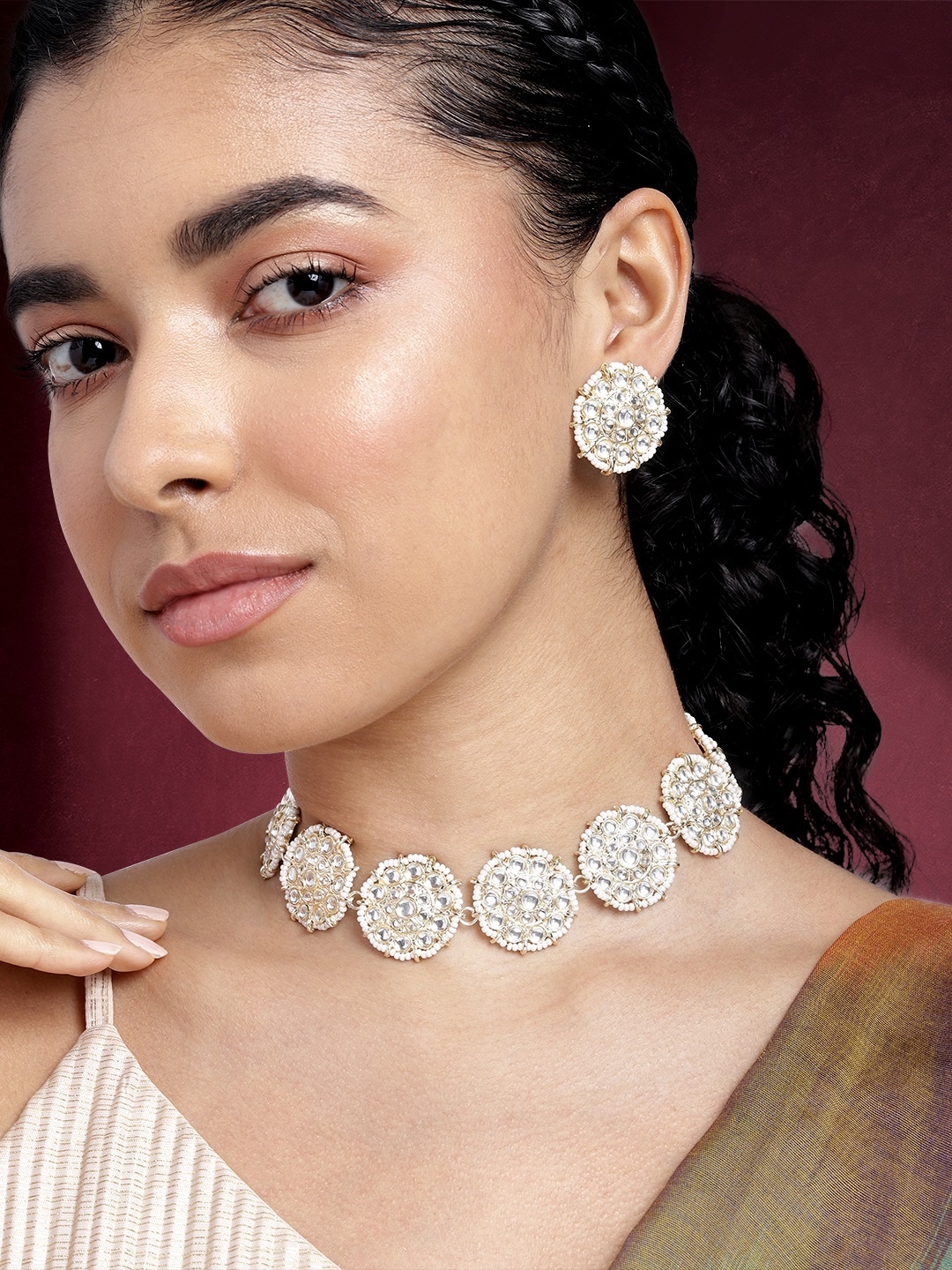 

Peora Women Gold-Plated Kundan Studded Choker Necklace with Earrings, White