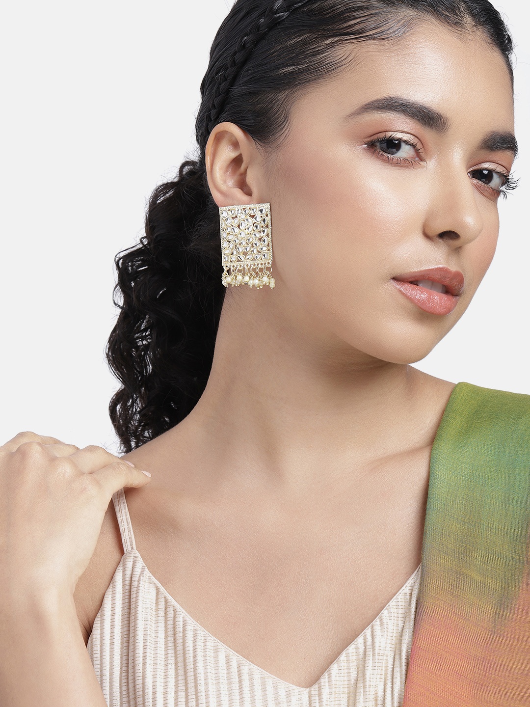 

Peora Gold-Plated Kundan Square Drop Earrings, White