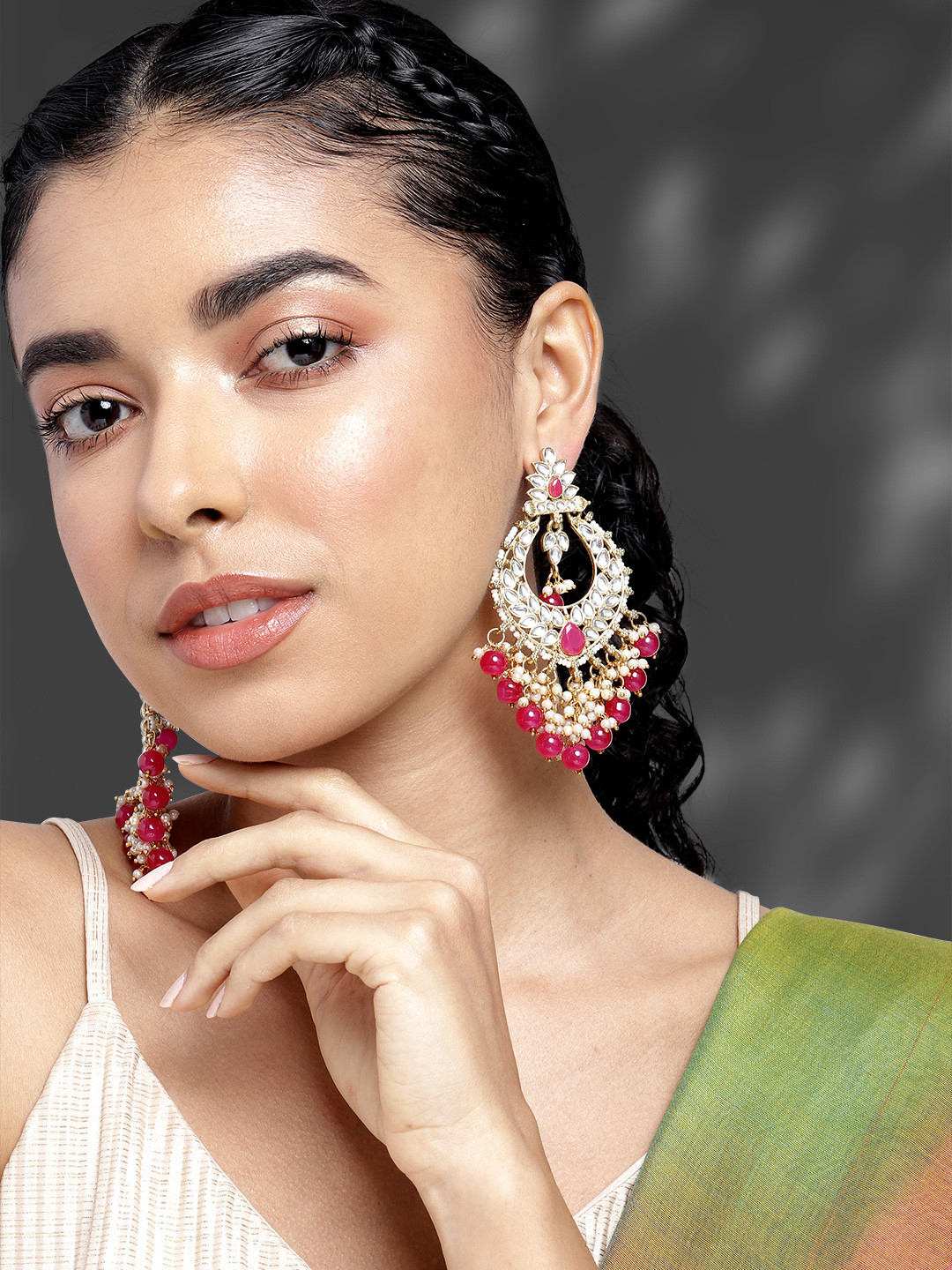 

Peora Gold-Plated Kundan Studded Classic Drop Earrings, Pink