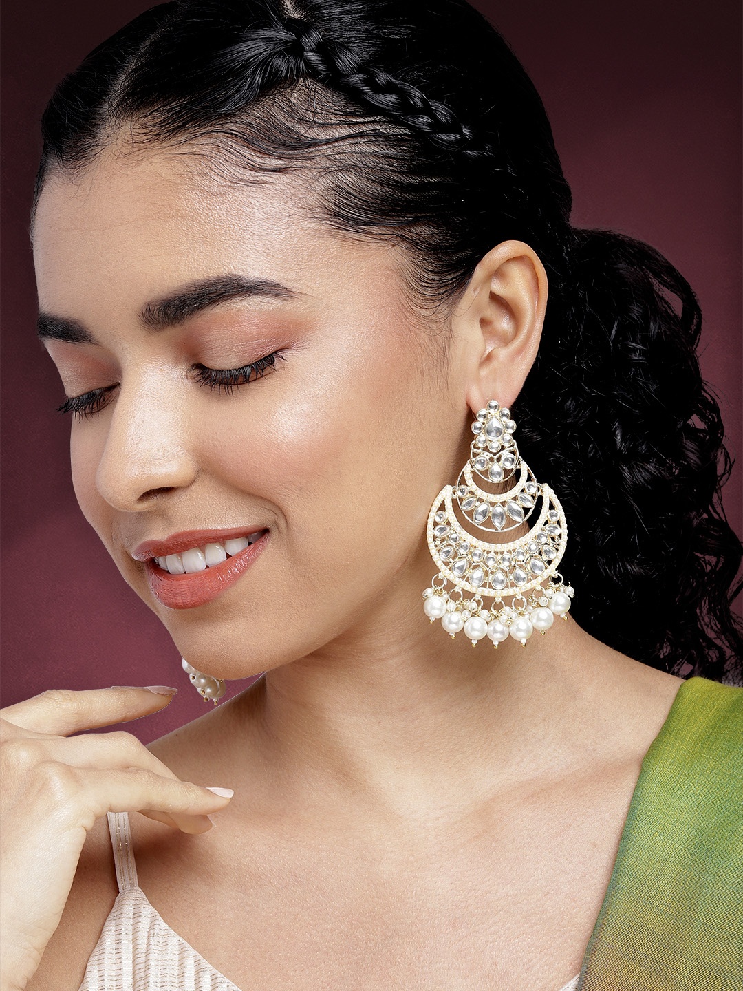 

Peora Gold-Plated Kundan Crescent Shaped Chandbalis Earrings, White