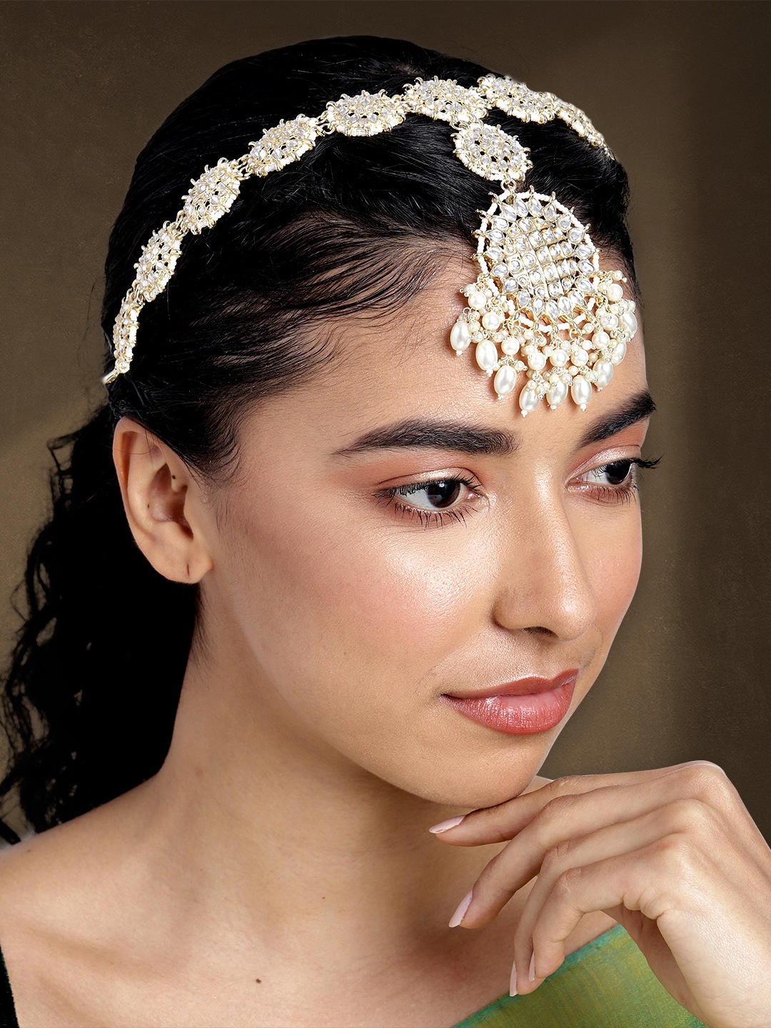 

Peora Women Gold-Plated Kundan Matha Patti, White