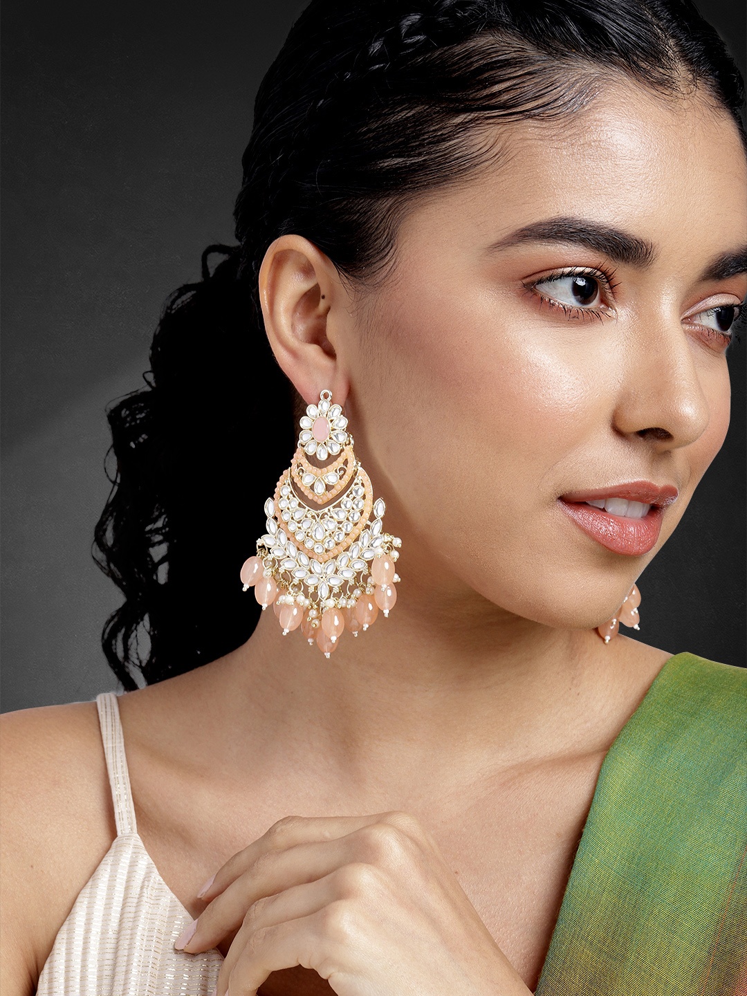 

Peora Gold-Plated Kundan Studded Crescent Shaped Chandbalis Earrings, Peach