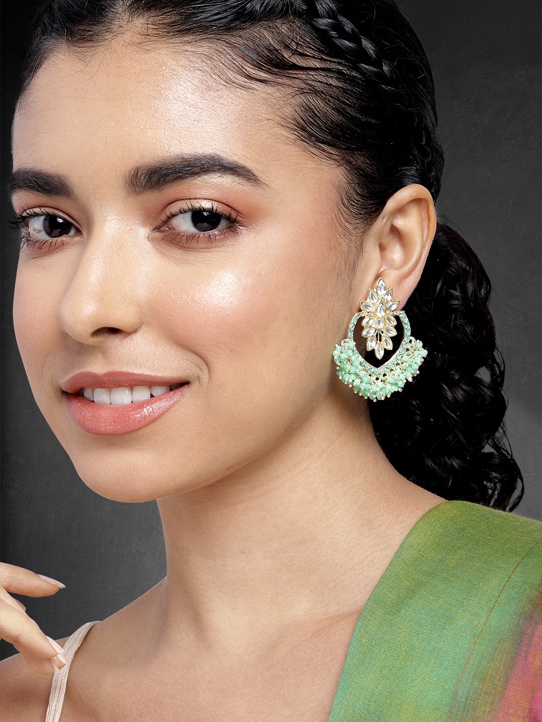 Peora Gold-Plated Kundan Studded Floral Drop Earrings, Green