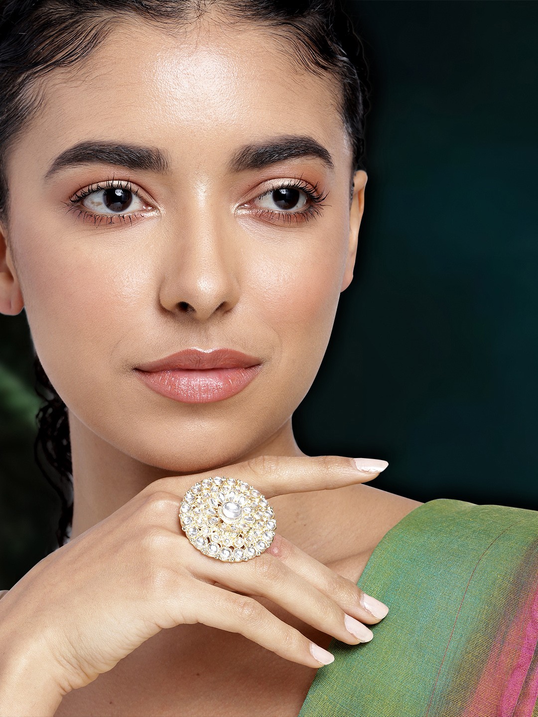 

Peora Women Gold-Plated Kundan Finger Ring, White