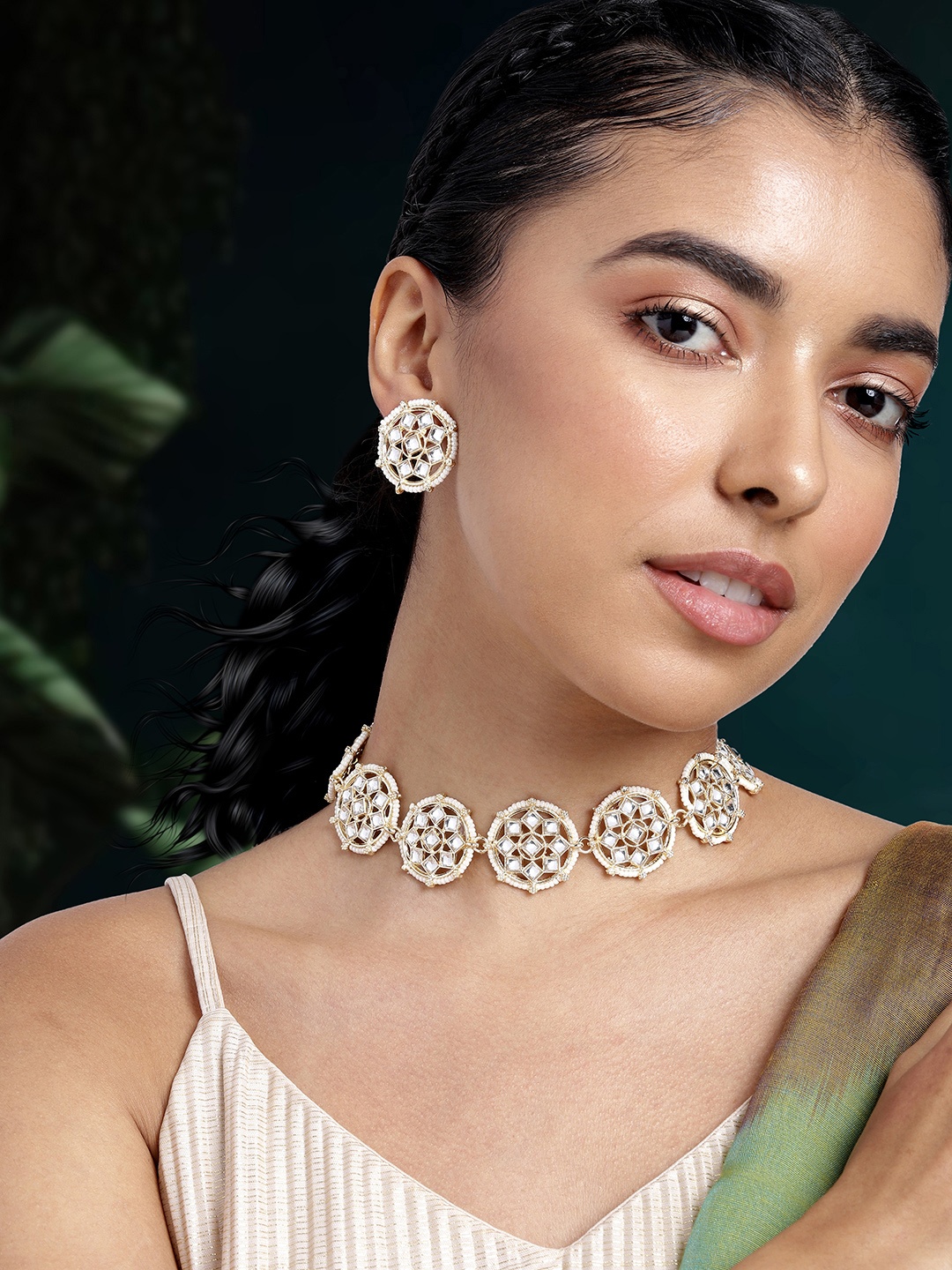 

Peora Women Gold-Plated Kundan Studded Choker Necklace with Earrings, White