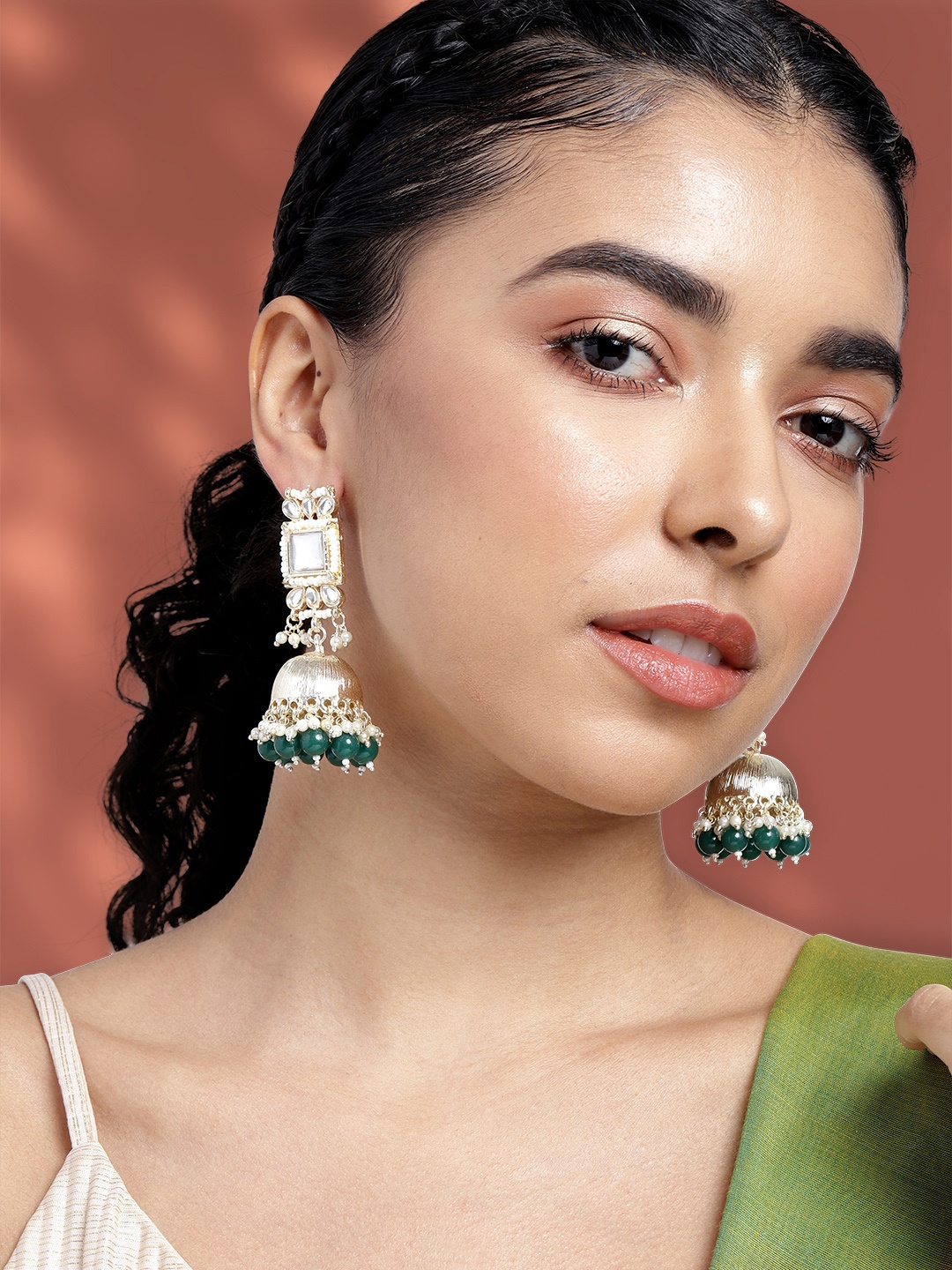 

Peora Gold-Plated Kundan Studded Dome Shaped Jhumkas Earrings, Green