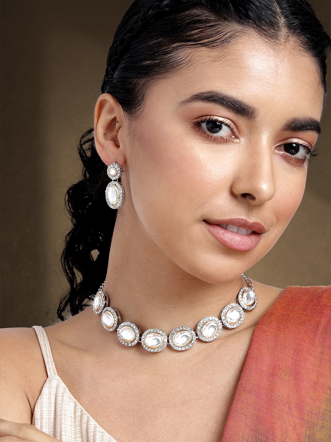 

Peora Women Gold-Plated Kundan Studded Necklace with Earrings, White