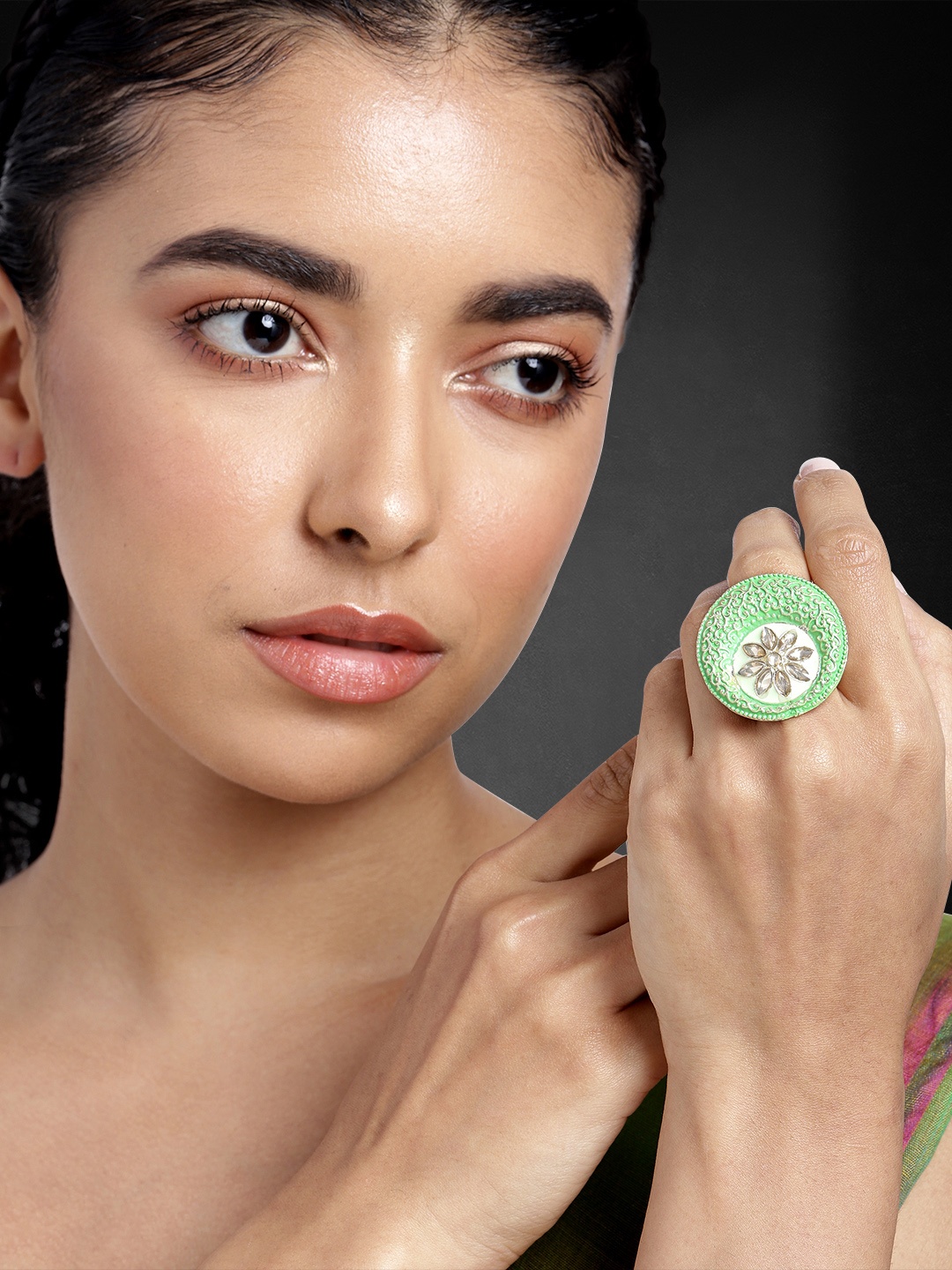 

Peora Women Gold-Plated Kundan Finger Ring, Green