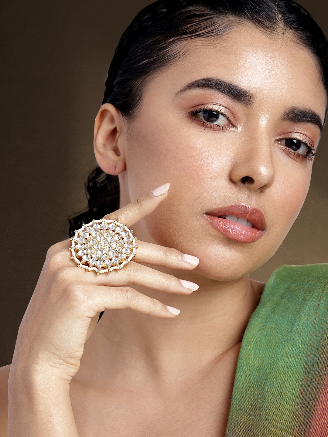 

Peora Women Gold-Plated Kundan Finger Ring, White
