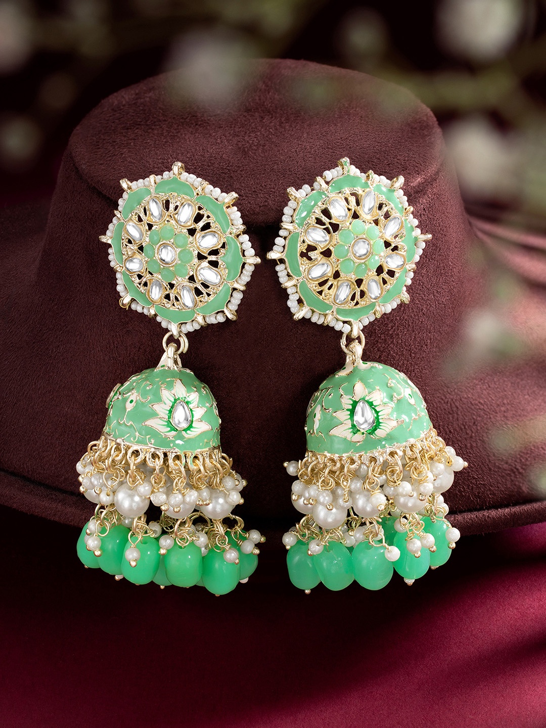 

Peora Gold-Plated Kundan Studded Dome Shaped Jhumkas Earrings, Sea green