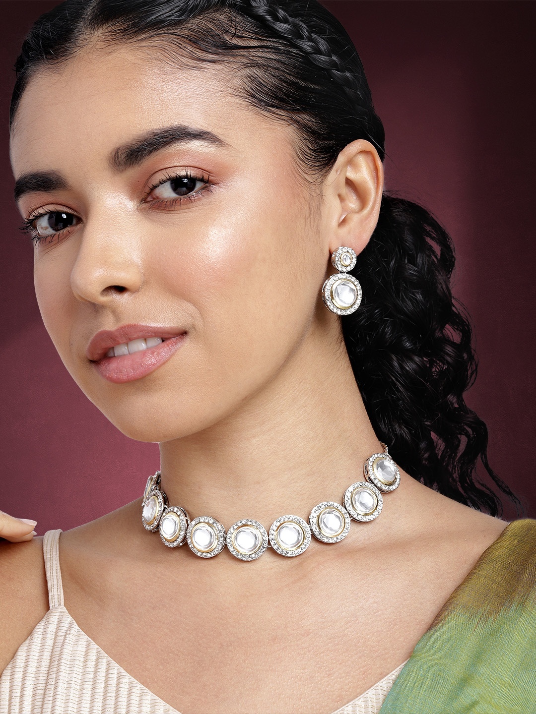 

Peora Women Gold-Plated Kundan Studded Necklace with Earrings, White