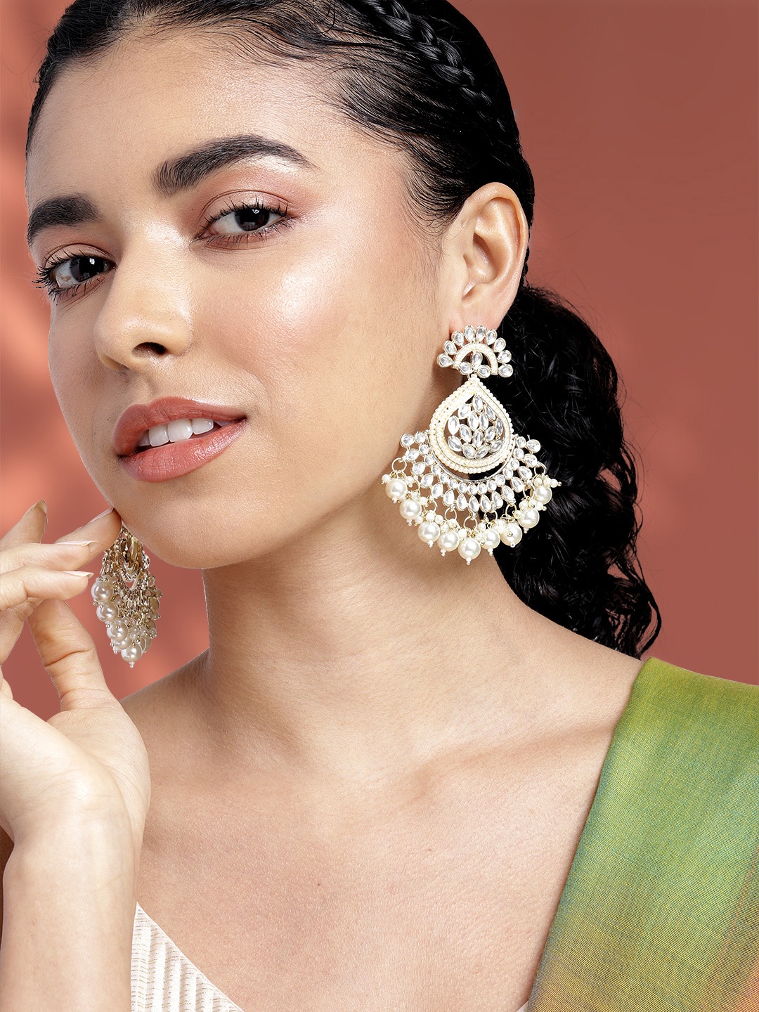 

Peora Gold-Plated Kundan Contemporary Drop Earrings, White