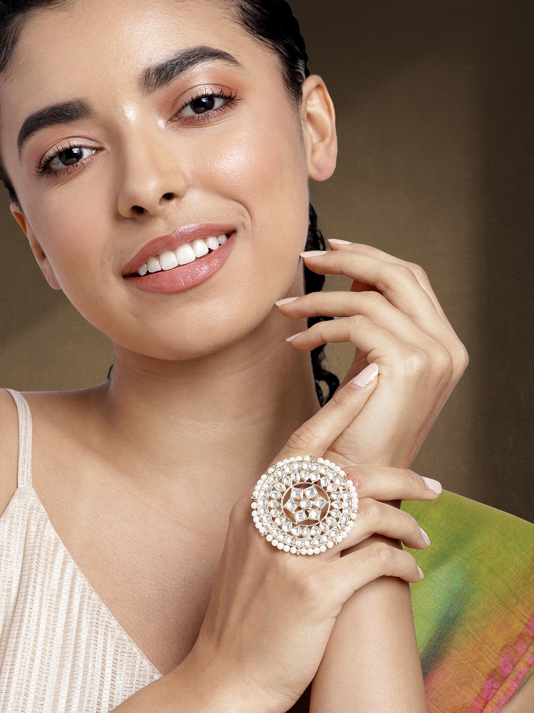 

Peora Women Gold-Plated Kundan Finger Ring, White