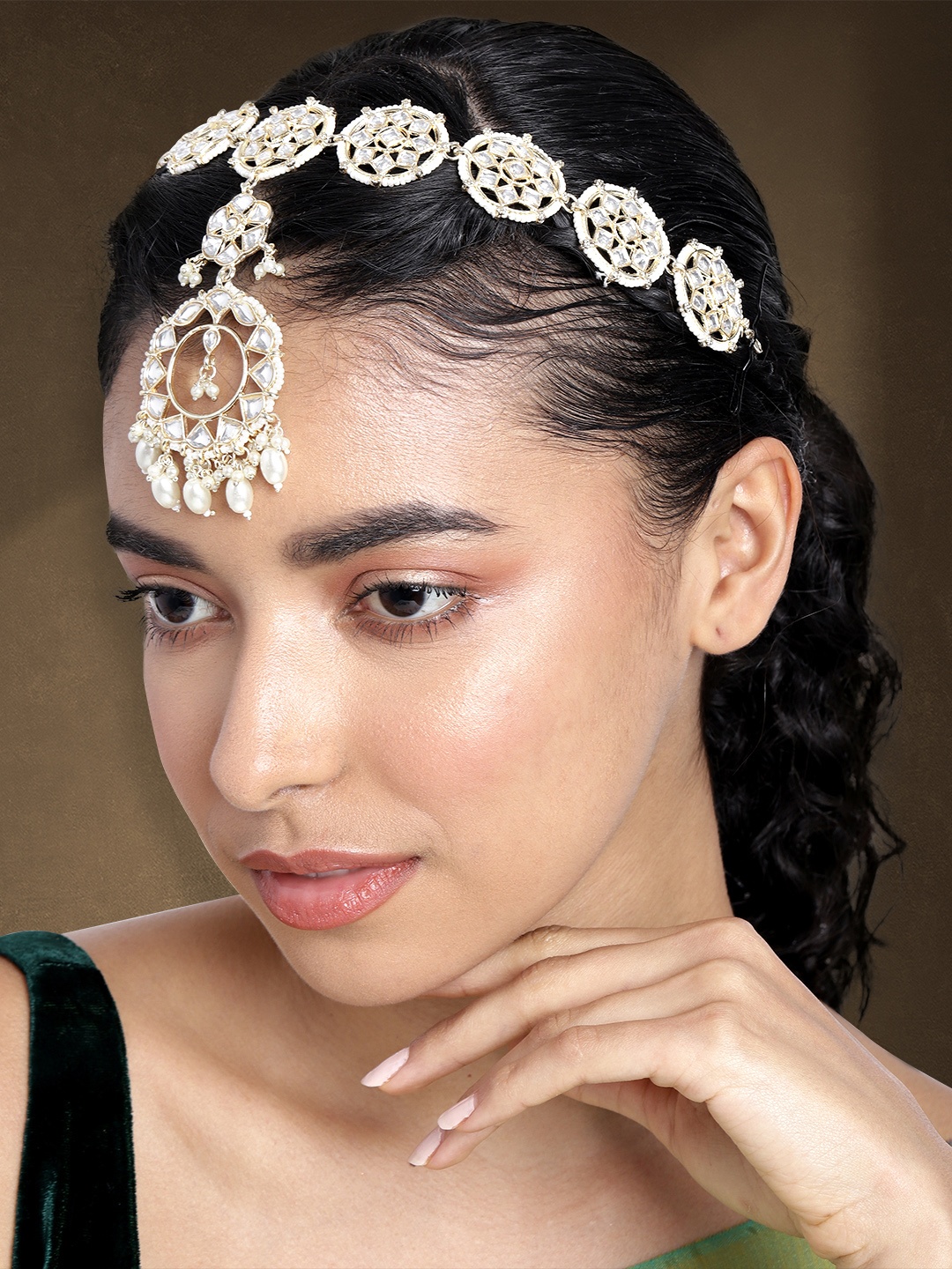 

Peora Women Gold-Plated Kundan Matha Patti, White