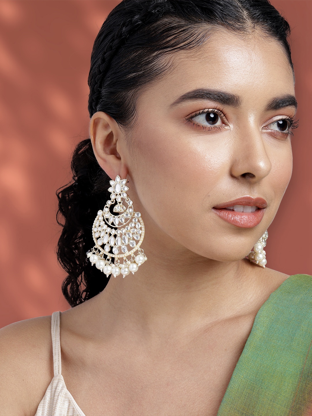 

Peora Gold-Plated Kundan Crescent Shaped Chandbalis, White
