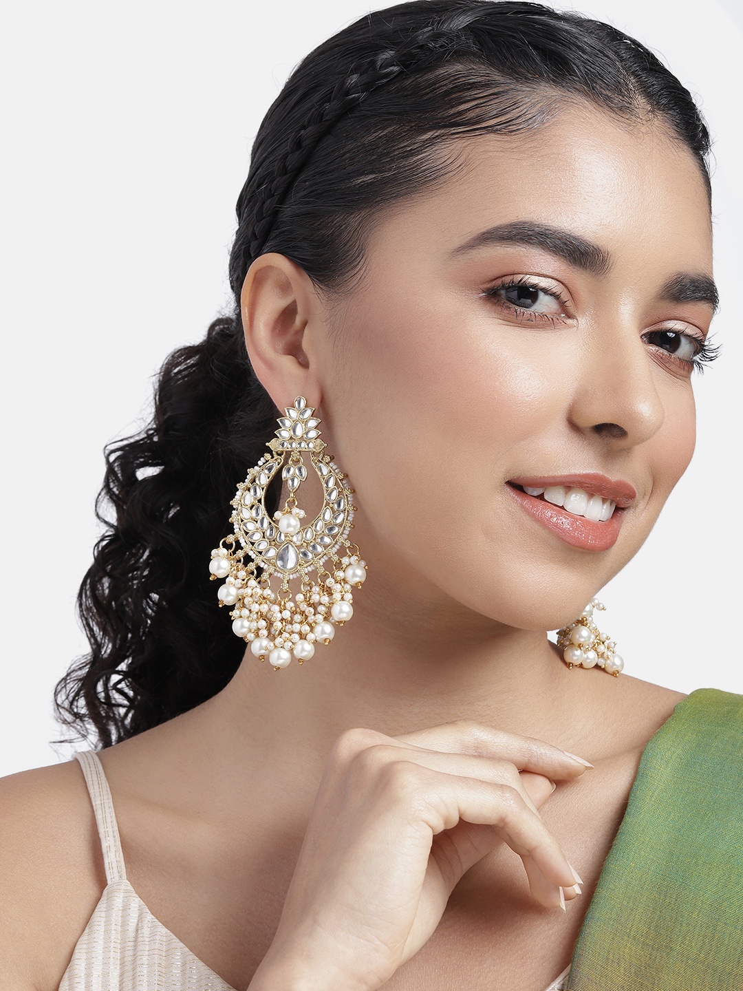 

Peora Gold-Plated Kundan Contemporary Drop Earrings, White