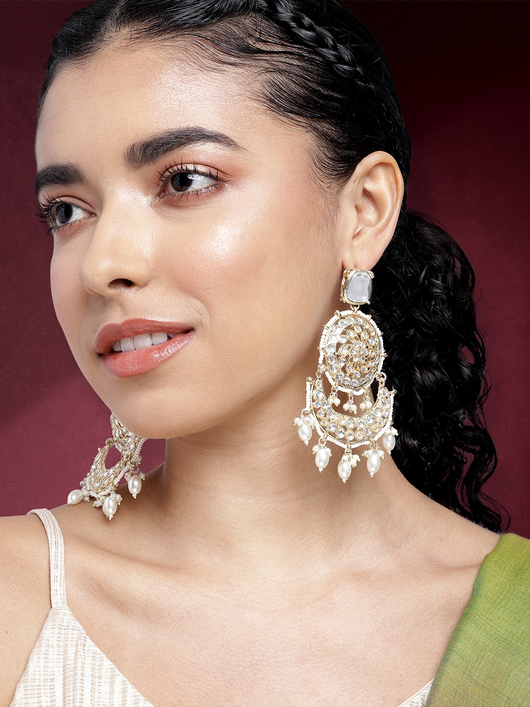 

Peora Gold-Plated Kundan Contemporary Chandbalis Earrings, White