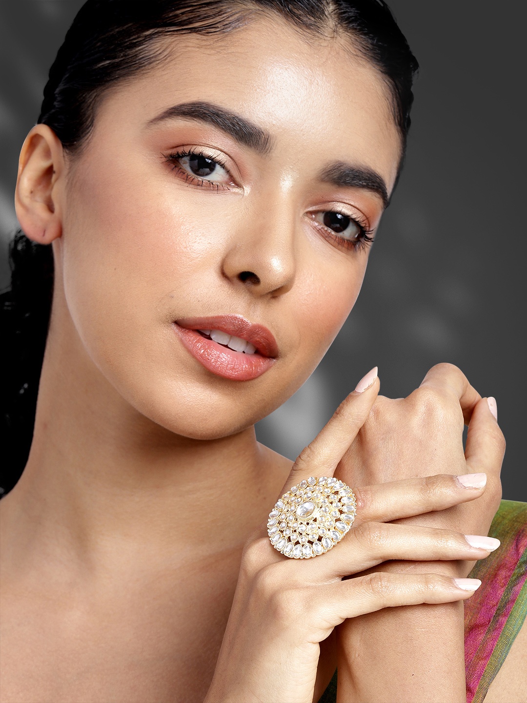 

Peora Women Gold-Plated Kundan Finger Ring, White
