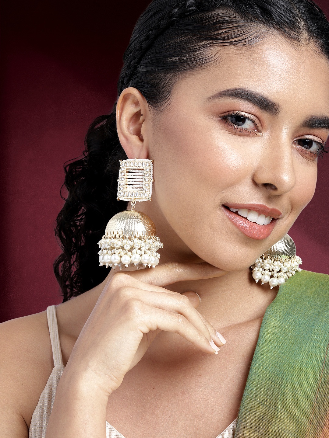 

Peora Gold-Plated Kundan Dome Shaped Jhumkas, White