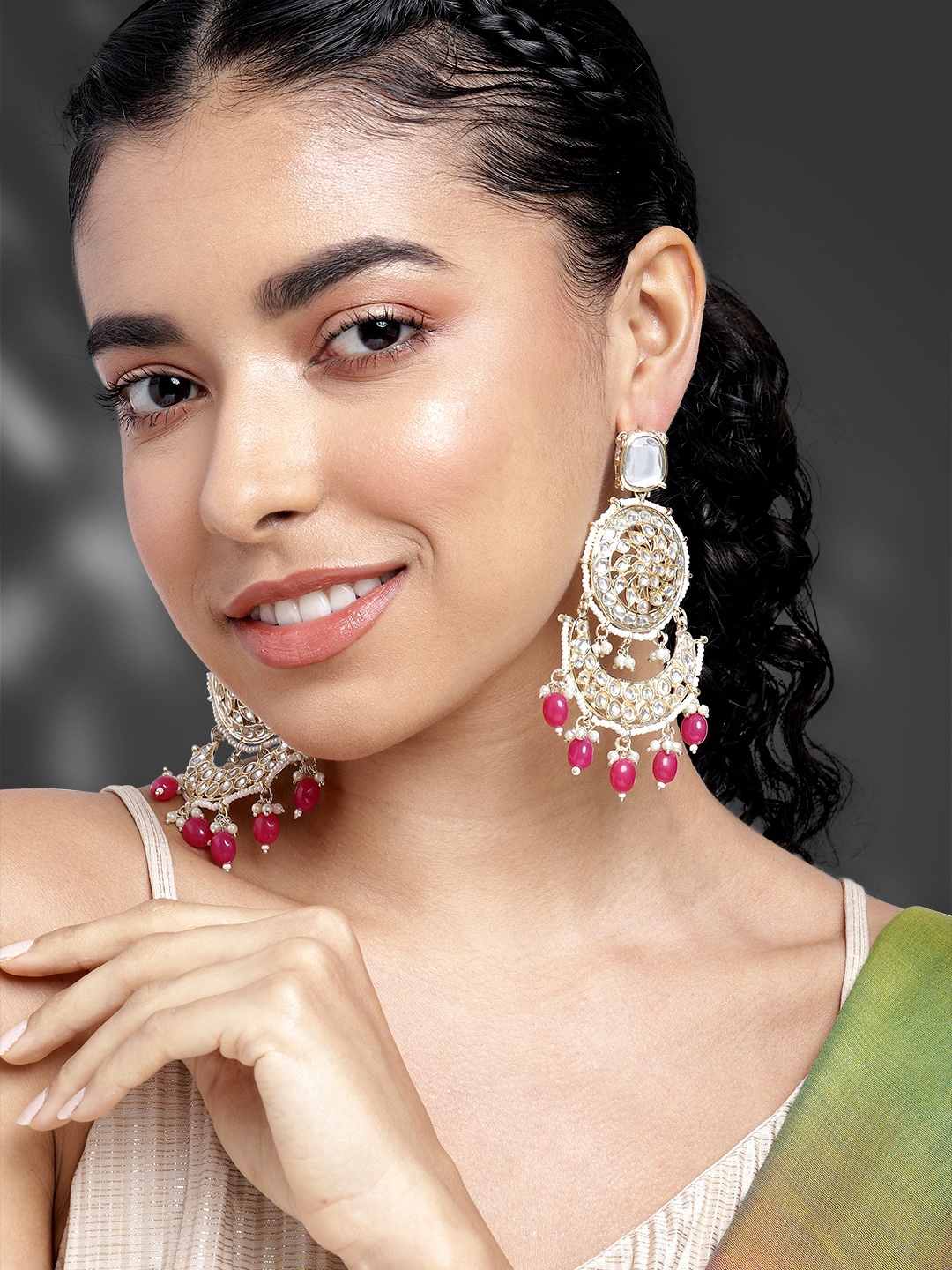 

Peora Gold-Plated Kundan Studded Crescent Shaped Chandbalis Earrings, Pink