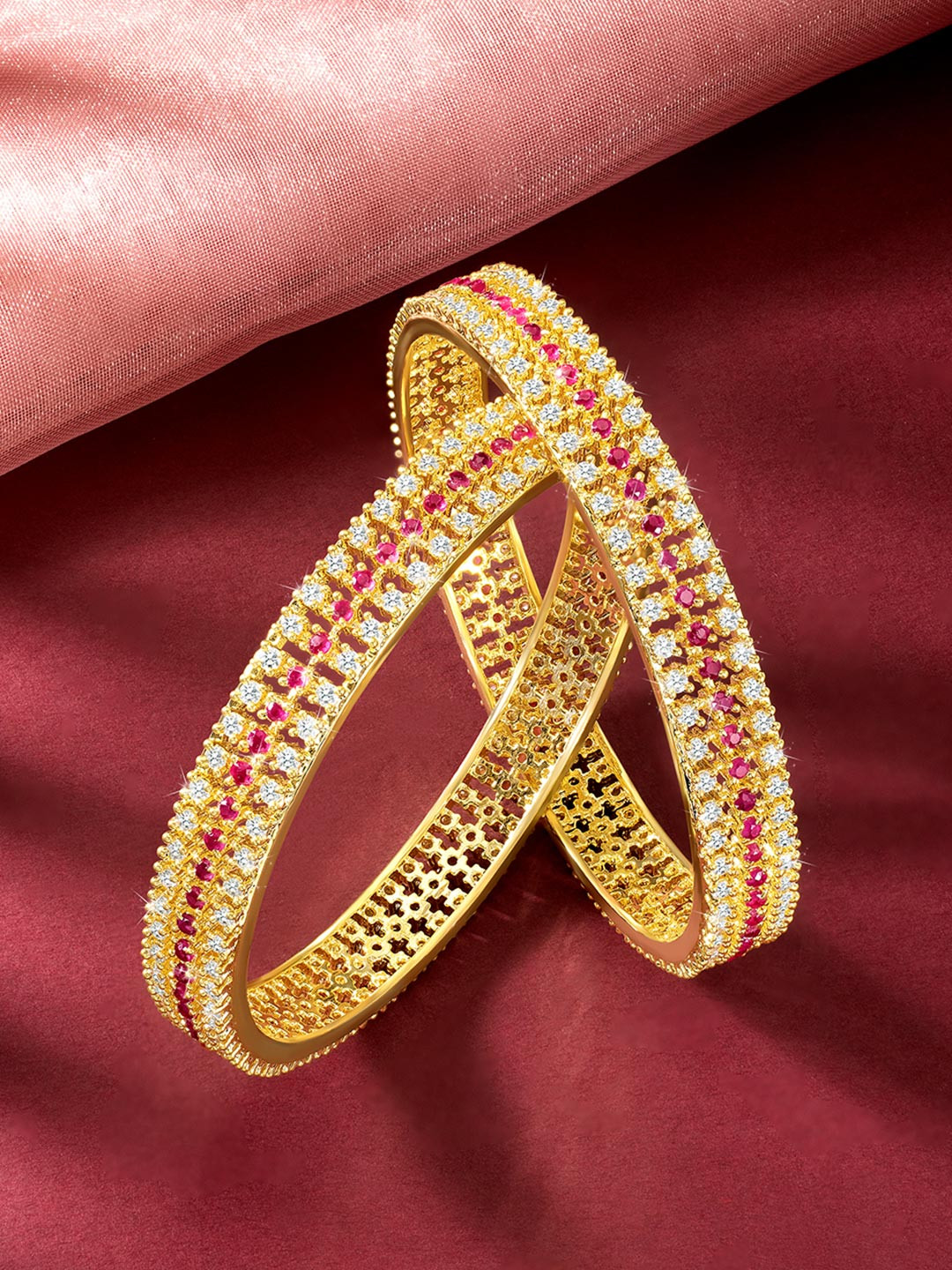 

Peora Women Set of 2 Silver-Plated CZ Studded Bangles, Red