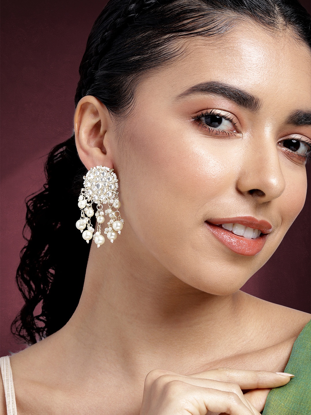 

Peora Gold-Plated Kundan Contemporary Drop Earrings, White