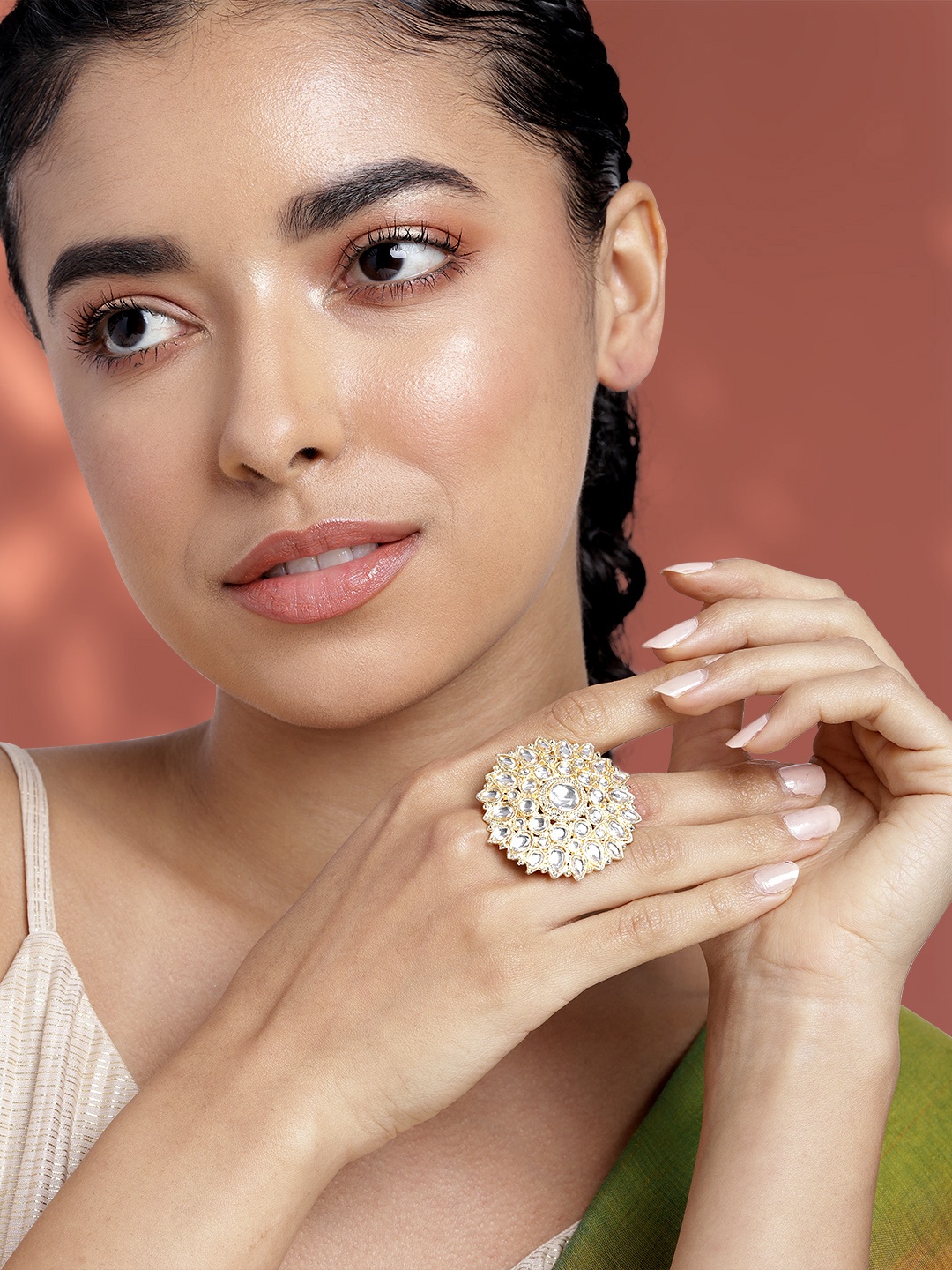 

Peora Women Gold-Plated Kundan Finger Ring, White