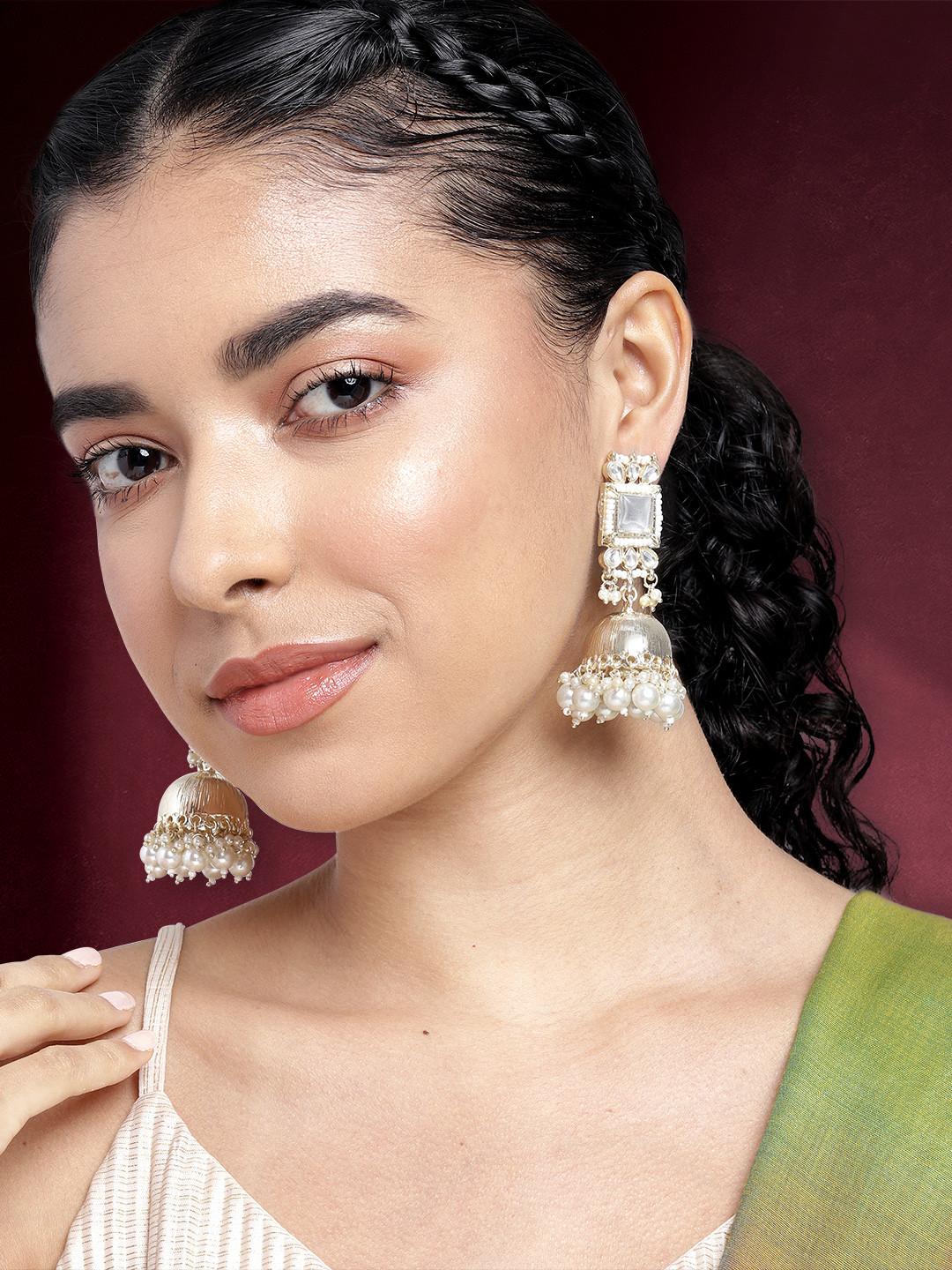 

Peora Gold Plated Kundan Studded Dome Shaped Jhumkas Earrings, White