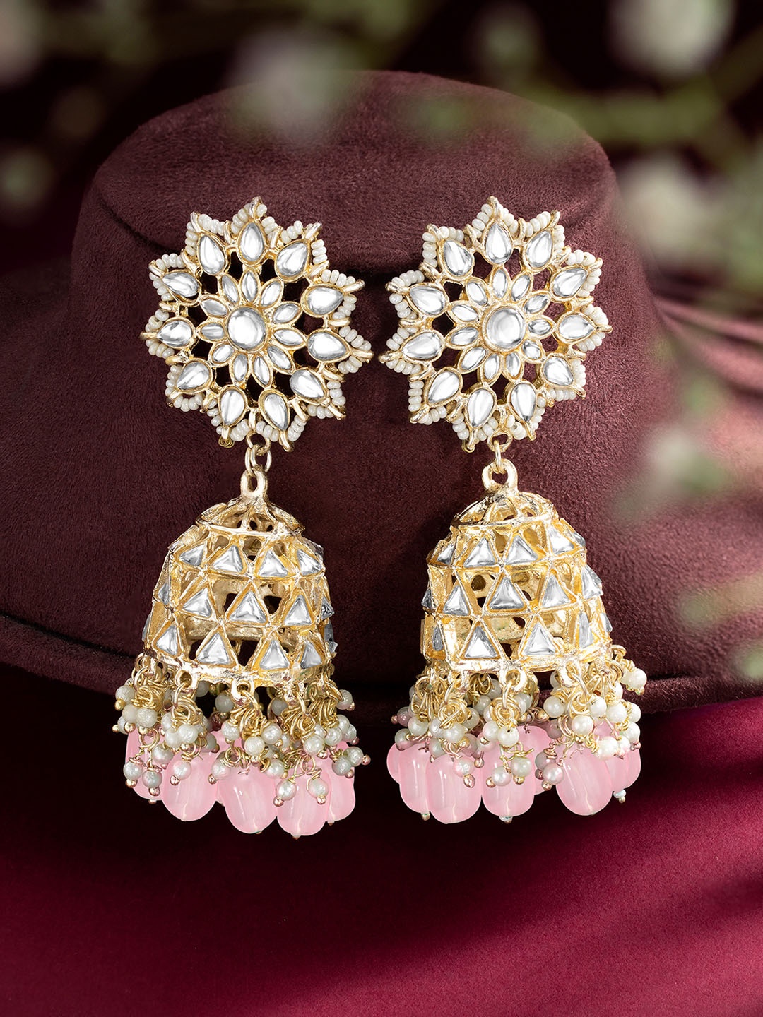 

Peora Gold-Plated Kundan Studded Dome Shaped Jhumkas Earrings, Pink