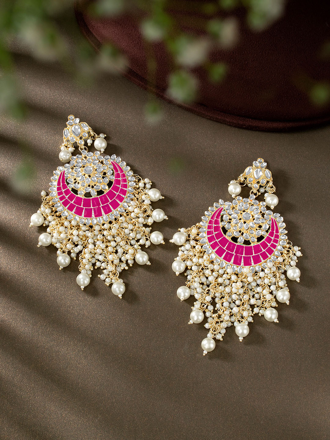 

Peora Gold-Plated Kundan Studded Crescent Shaped Chandbalis Earrings, Pink