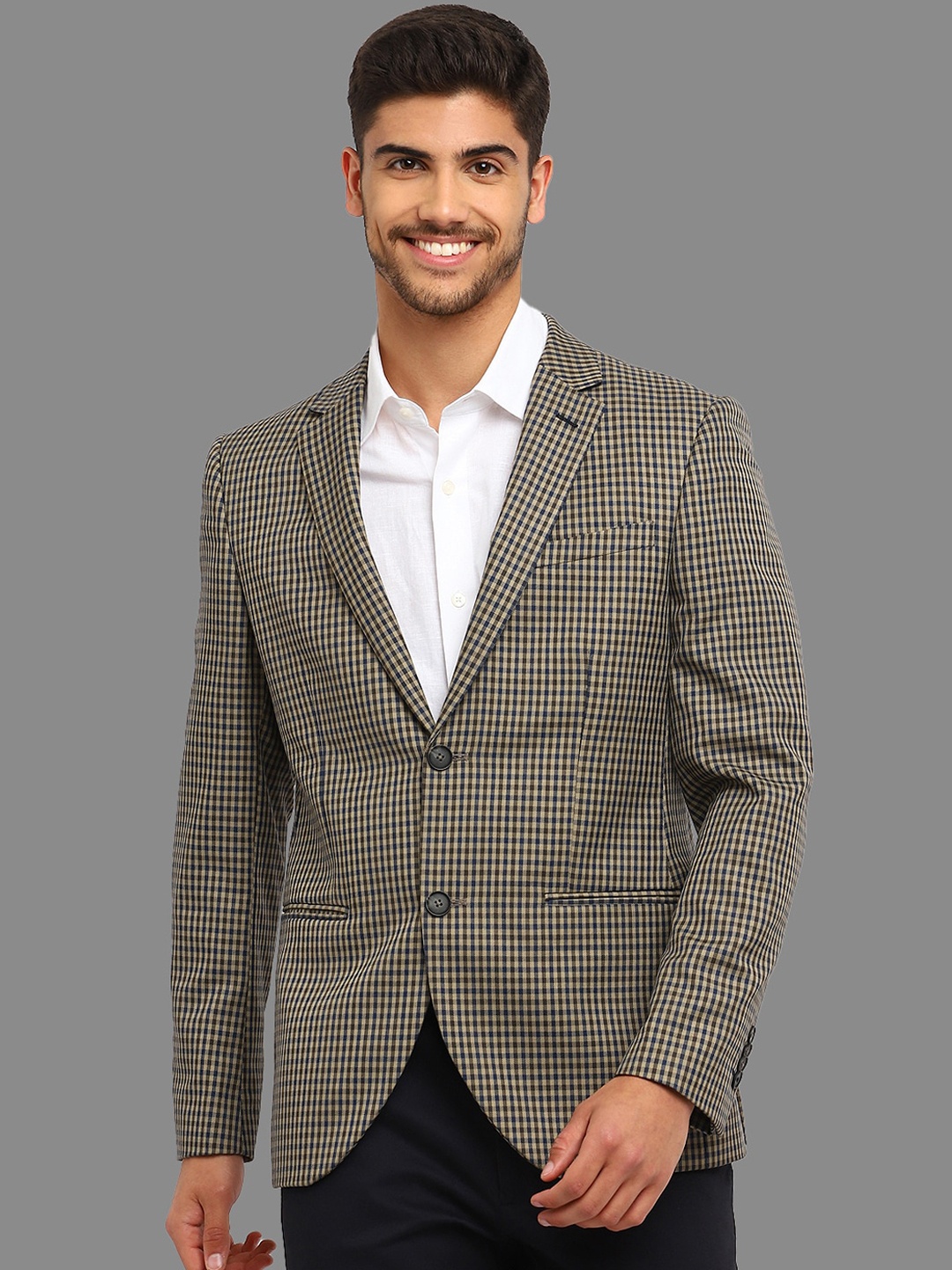 

Givo Checked Single Breasted Notched Lapel Blazer, Beige
