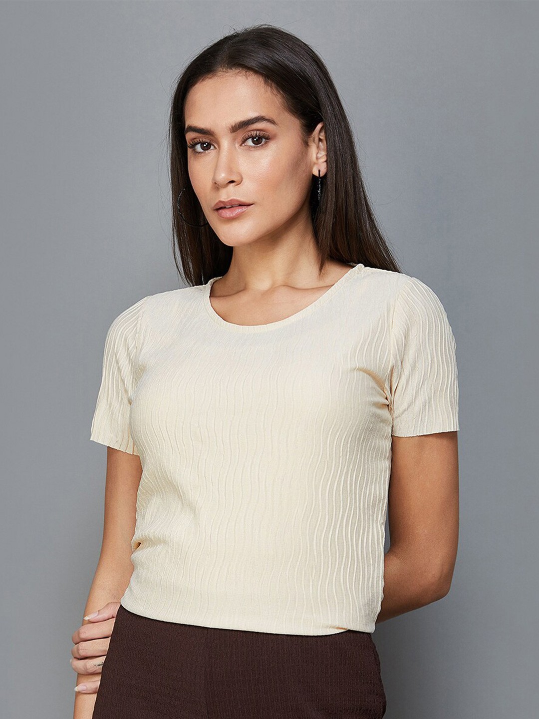

CODE by Lifestyle Striped Round Neck Casual Top, Beige