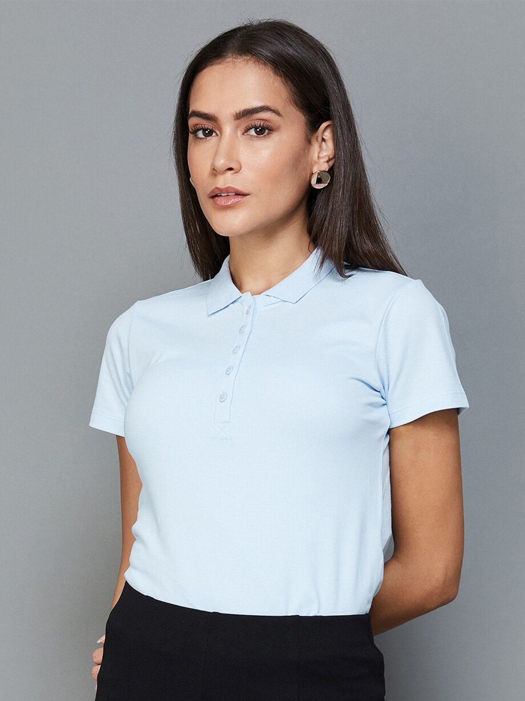 

CODE by Lifestyle Shirt Collar Cotton Casual Top, Blue