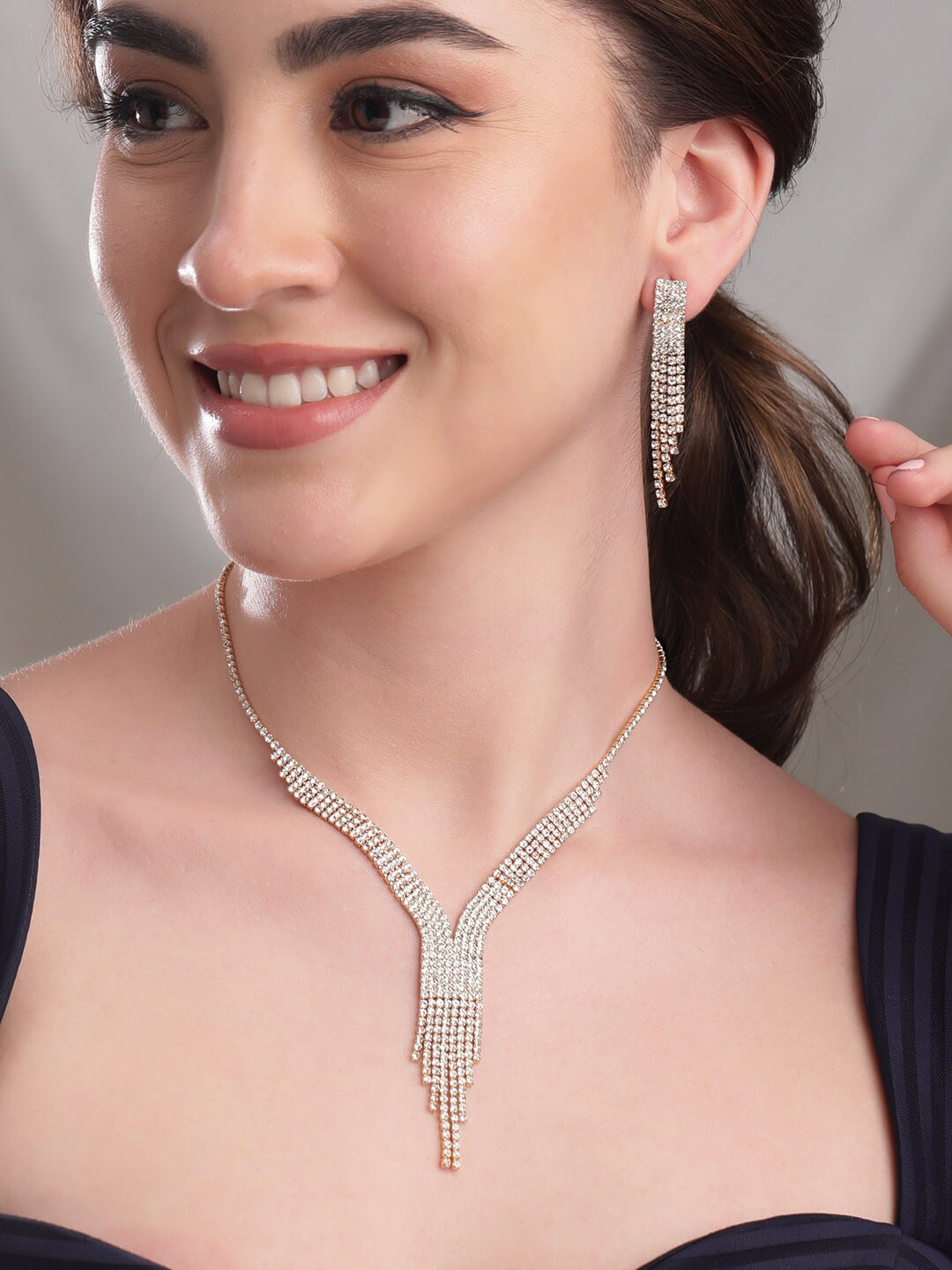 

Rubans CZ-Studded Necklace With Earrings Jewellery Set, Gold