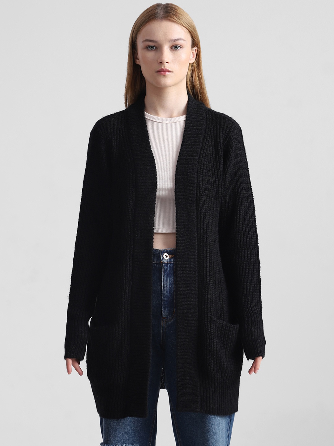 

ONLY Front-Open Ribbed Longline, Black
