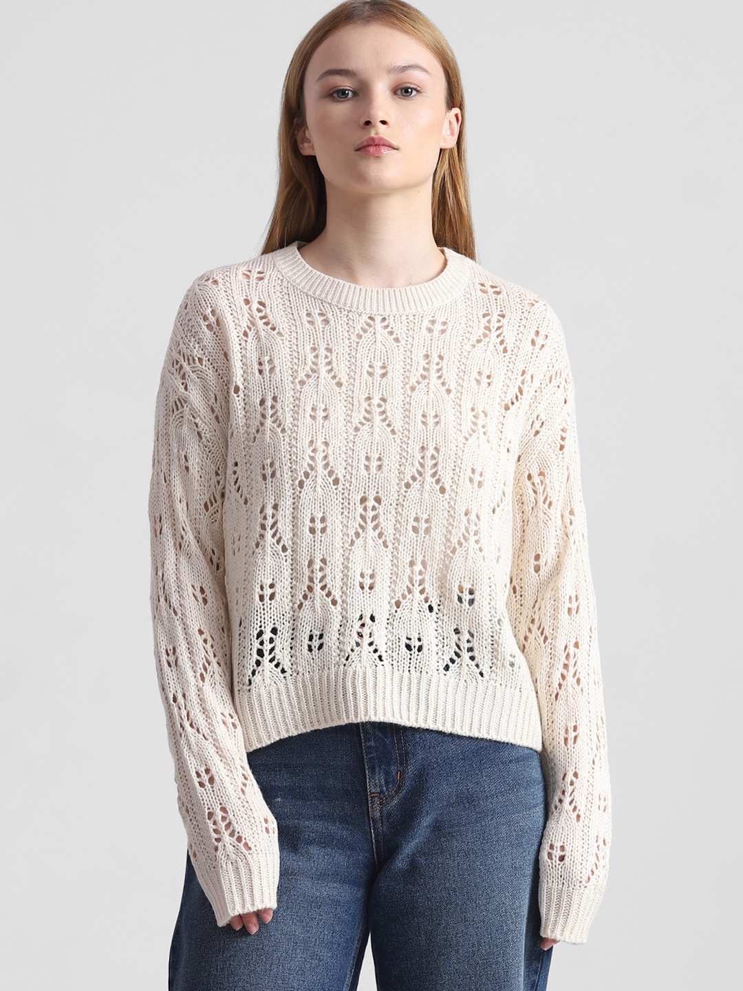

ONLY Self Design Open Knit Pullover, Beige